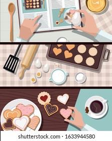 Woman baking. Baking utensils and cooking ingredients for cookies. Valentine's day. Top view.