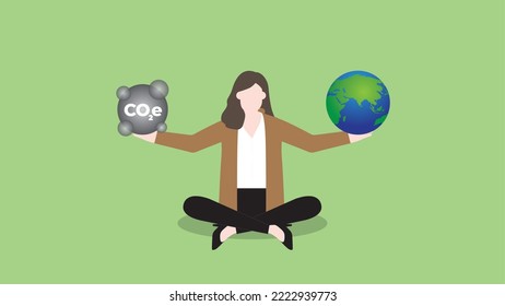 A woman balances CO2e pollution and the earth in hand. ESG and green business policy concept of net zero emission, carbon footprint, carbon dioxide equivalent, global greenhouse gas, save the world.