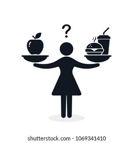 Woman balances Fast food and apple on scales. Balance between fast and healthy food. Diet, nutrition, fitness and health concept. vector illustration.