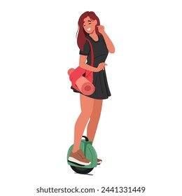 Woman Balances Gracefully On An Electric Unicycle, With A Yoga Mat Tucked In Her Bag. Young Female Character Hurrying For Practice Or Fitness Class In Gym. Cartoon People Vector Illustration