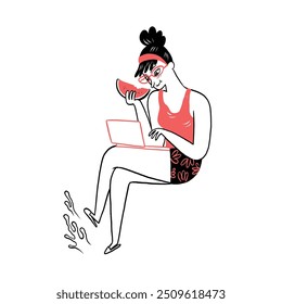 A woman balances work and relaxation, enjoying watermelon while using a laptop. This illustration captures the essence of a carefree and productive summer vibe.