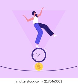 Woman balancing between time and money,  balance concept