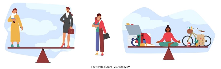 Woman Balancing A Career And Motherhood On Scales, Challenge Of Choosing Between The Two Promoting Women's Rights, Gender Equality Or Work-life Balance Themes. Cartoon People Vector Illustration