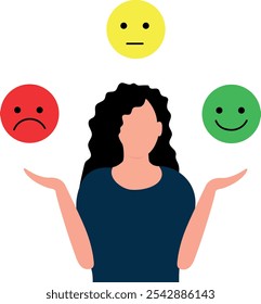 Woman Balancing Emotions with Happy, Sad, and Neutral Faces Vector Illustration