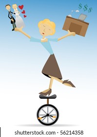 Woman balancing family and work, love and money editable vector illustration