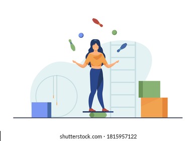 Woman balancing and juggling with skittles and balls. Gym, circus, juggler flat vector illustration. Performance and training concept for banner, website design or landing web page