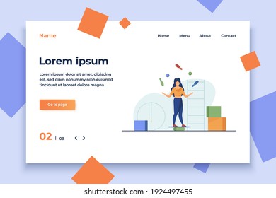 Woman balancing and juggling with skittles and balls. Gym, circus, juggler flat vector illustration. Performance and training concept for banner, website design or landing web page