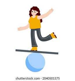 Woman balancing on geometric figure. Concept of problem solving and multitasking. Circus and yoga. Balance in life. Flat cartoon illustration