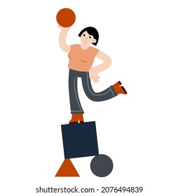 Woman balancing on geometric figure. Concept of problem solving and multitasking. Circus and yoga. Balance in life. Flat cartoon illustration
