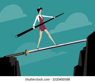 Woman balancing on the Japanese sword