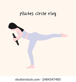 Mujer que balancea en una pierna con un anillo del círculo de Pilates - Imagen de Vector de ilustración de concepto de estilo de vida saludable