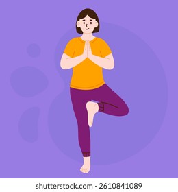 Woman balancing in yoga tree pose with hands together