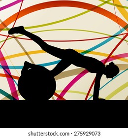 Woman with ball fitness, sport, training and making exercise in gym vector abstract background concept
