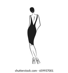 woman in the ball gown black silhouette. Back view. Vector