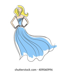 woman in the ball gown blue long hand drawing sketch vector 