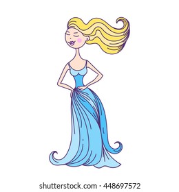 woman in the ball gown blue long hand drawing sketch vector