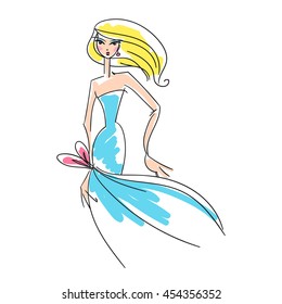 woman in the ball gown blue long hand drawing sketch vector