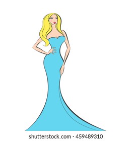 woman in the ball gown blue long hand drawing sketch vector