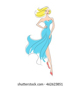 woman in the ball gown blue long hand drawing sketch vector