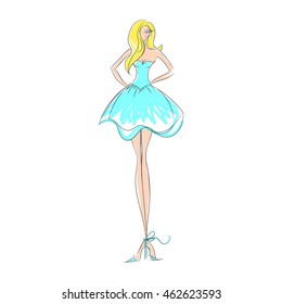 woman in the ball gown blue short hand drawing sketch vector