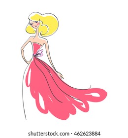 woman in the ball gown pink long hand drawing sketch vector