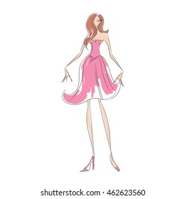 woman in the ball gown pink short hand drawing sketch vector