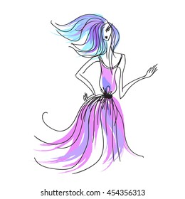 woman in the ball gown purple long hand drawing sketch vector