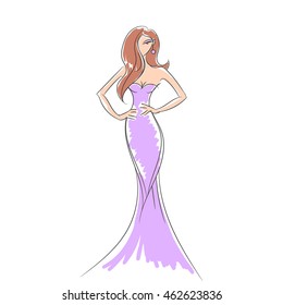 woman in the ball gown purple long hand drawing sketch vector