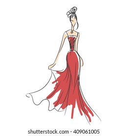 woman in the ball gown red long hand drawing sketch vector 