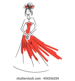 woman in the ball gown red long hand drawing sketch vector