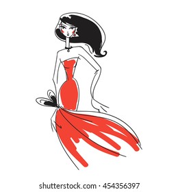 woman in the ball gown red long hand drawing sketch vector