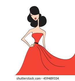 woman in the ball gown red long hand drawing sketch vector