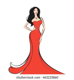 woman in the ball gown red long hand drawing sketch vector