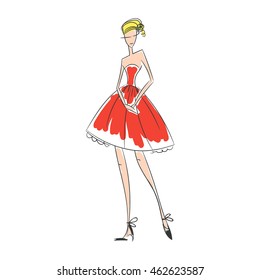 woman in the ball gown red short hand drawing sketch vector