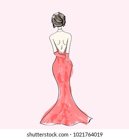 Woman in ball gown. the silhouette. Back view. Vector