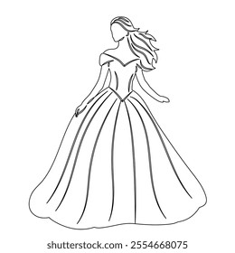 woman in a ball gown sketch, outline on a white background, vector