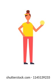 Woman with ball in hand, sport theme cartoon style vector icon. Female shape in sportswear, in cap, with lock of hair, fitness exercise sample badge