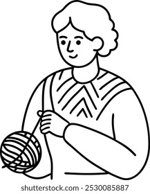 A woman ball of yarn continuous line art. Round skein of knitting outline thread isolated. Merino for knit needles, cotton for crochet. Crafting hobby. Vector sketch symbol for handmade design.