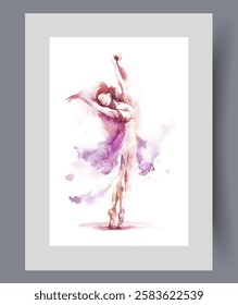 Woman ballerina arching back to butt during dance performance on wall art. Watercolor artwork. Print with ballerina from ballet theater demonstrating graceful movements, in frame with decor for poster