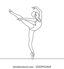 Woman Ballerina Continuous Line Drawing. Abstract Female Figure Dance Pose One Line Drawing. Woman Dancer Minimalist Concept, Abstract Drawing. Ballet Modern Contemporary Art Concept. Vector EPS 10