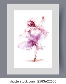 Woman ballerina dances in ballet theater and raises leg up, on wall art. Watercolor artwork. Print with ballerina in dress performing dance for audience of performance, in frame with decor for poster