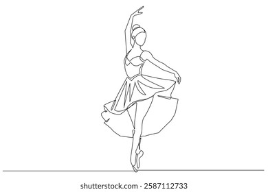 Woman Ballerina Dancing One Line Drawing. Female Dancer Continuous Contour Line Art. Dance Concept Outline Illustration Black Sketch Isolated on White Background for Minimalist Design. Vector. Not AI