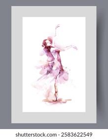 Woman ballerina in dress and pointe shoes dances classical ballet dance on wall art. Watercolor print. Artwork with girl ballerina working as dancer in theater, in frame with decor for poster