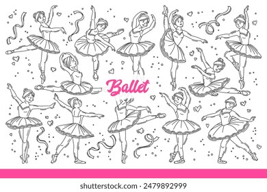 Woman ballet dancer or ballerina performs graceful dance for theater audience, dressed in dress and tutu. Girl ballet artist trains flexibility to perform at choreographic concerts. Hand drawn doodle