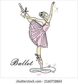Woman ballet dancer of continuous line drawing in pink color. Dance trend logotype. Oneline style.