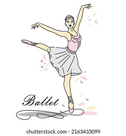 Woman ballet dancer of continuous line drawing in pink color. Dance trend logotype. Oneline style.