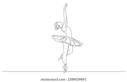 Woman Ballet Dancing One Line Drawing. Female Ballerina Dancer Continuous Line Art. Dance Concept Outline Vector Illustration Black Sketch Isolated on White Background for Minimalist Design. Not AI