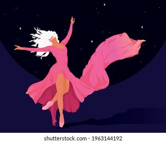 Woman Ballet Dancing In Red Dress Under The Stars