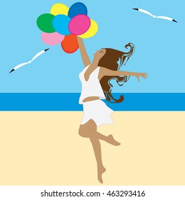 Woman with balloons dancing on the beach with seagulls, abstract art modern flat style creative vector illustration