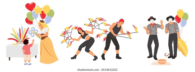 Woman balloons seller, fire show man and woman band, male mime artists street performers vector illustration isolated set on white background